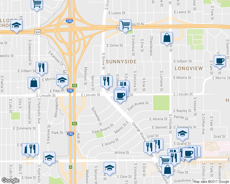map of restaurants, bars, coffee shops, grocery stores, and more near 837 South Green Street in Wichita