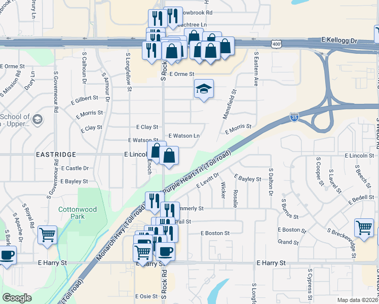 map of restaurants, bars, coffee shops, grocery stores, and more near 8038 East Dresden Lane in Wichita