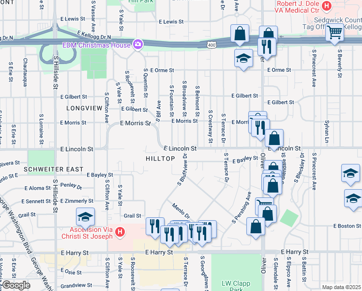 map of restaurants, bars, coffee shops, grocery stores, and more near 840 South Broadview Street in Wichita