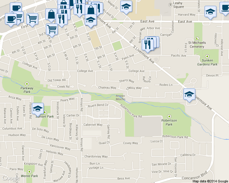 map of restaurants, bars, coffee shops, grocery stores, and more near 2355 Chateau Way in Livermore