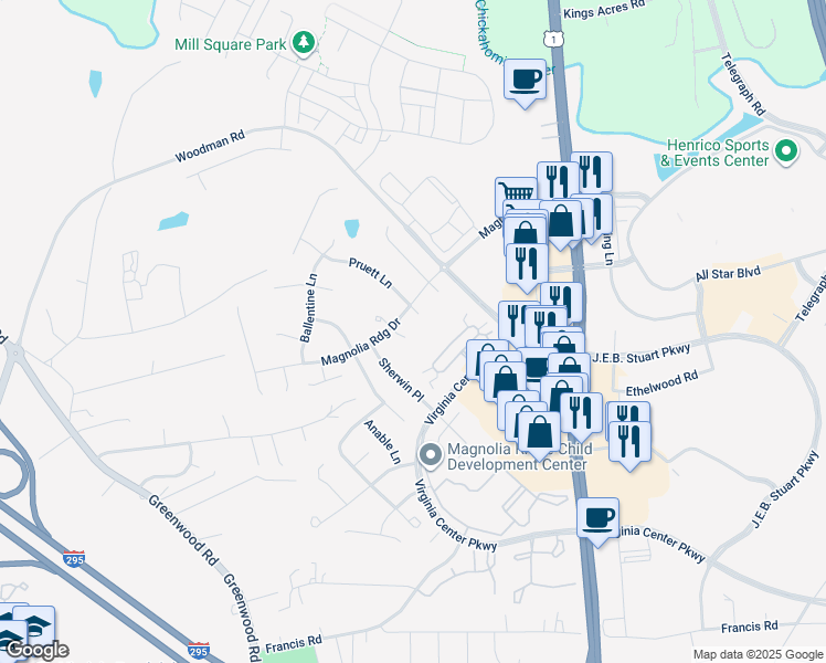 map of restaurants, bars, coffee shops, grocery stores, and more near 10600 Shadrach Court in Glen Allen