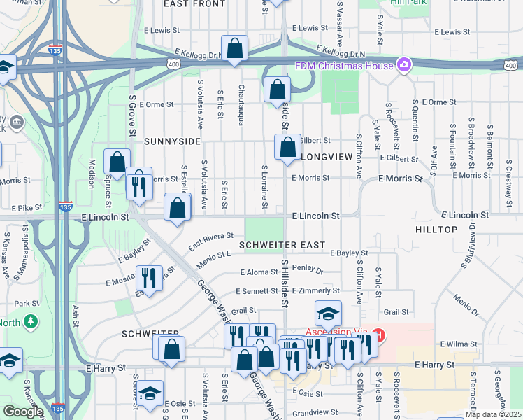 map of restaurants, bars, coffee shops, grocery stores, and more near 837 South Lorraine Street in Wichita