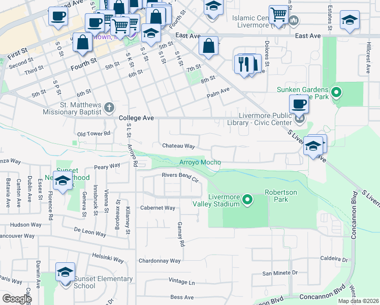 map of restaurants, bars, coffee shops, grocery stores, and more near 2355 Chateau Way in Livermore