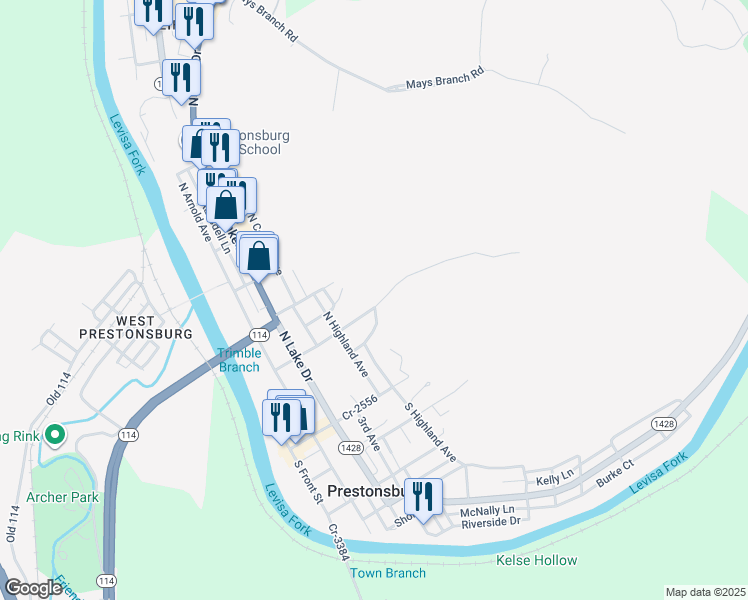 map of restaurants, bars, coffee shops, grocery stores, and more near 222 Trimble Branch Road in Prestonsburg