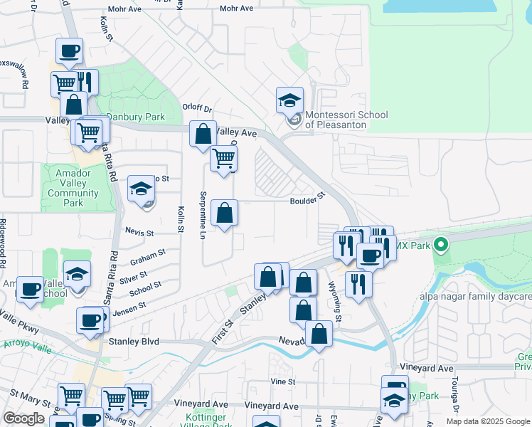 map of restaurants, bars, coffee shops, grocery stores, and more near 405 Boulder Court in Pleasanton