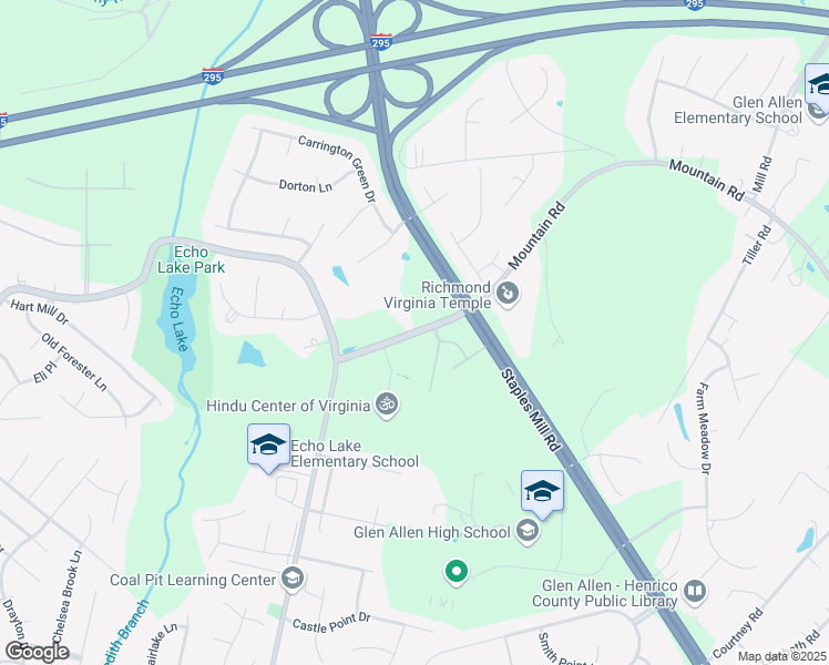 map of restaurants, bars, coffee shops, grocery stores, and more near 6051 Springfield Road in Glen Allen