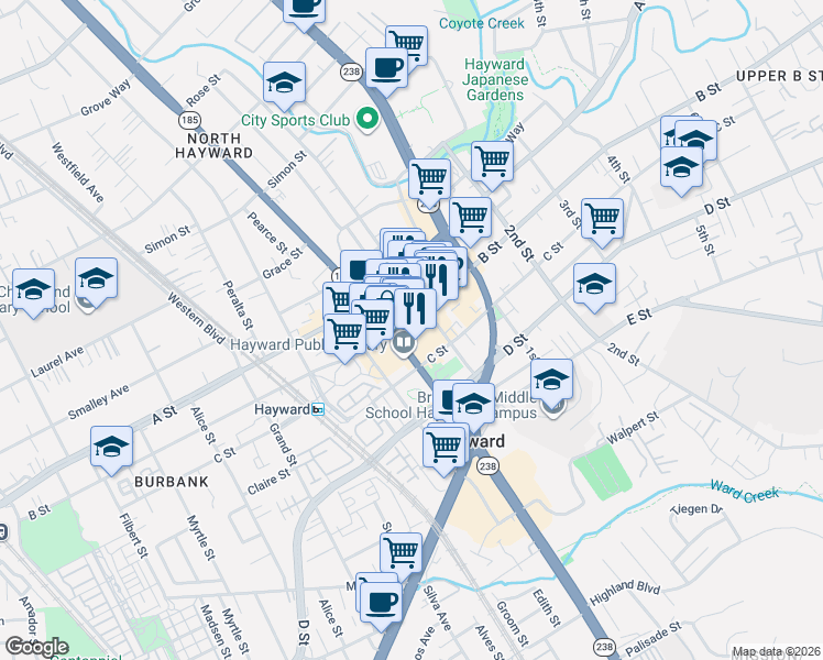 map of restaurants, bars, coffee shops, grocery stores, and more near 935 B Street in Hayward