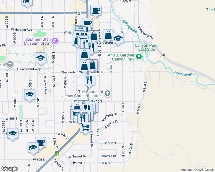 map of restaurants, bars, coffee shops, grocery stores, and more near 274 South 100 East in Cedar City