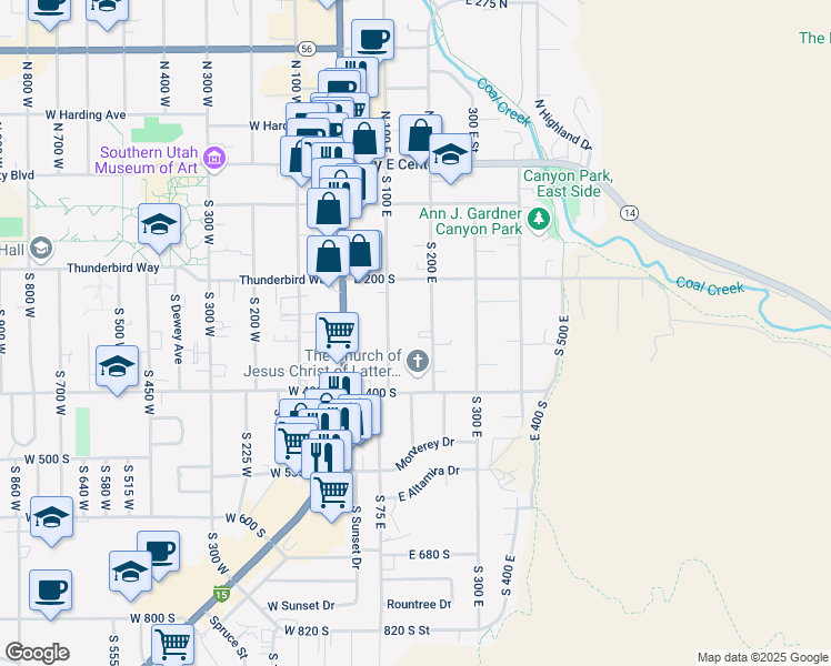 map of restaurants, bars, coffee shops, grocery stores, and more near 274 South 100 East in Cedar City