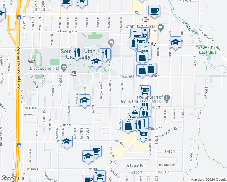 map of restaurants, bars, coffee shops, grocery stores, and more near 270 South 300 West in Cedar City