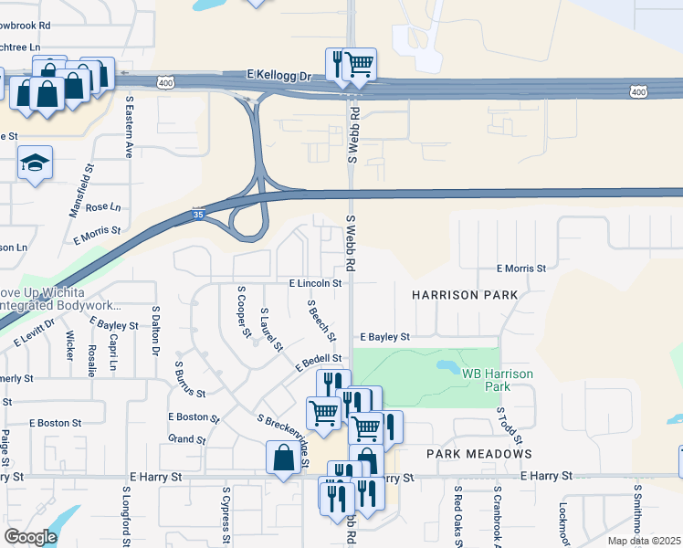 map of restaurants, bars, coffee shops, grocery stores, and more near 9550 East Lincoln Street in Wichita