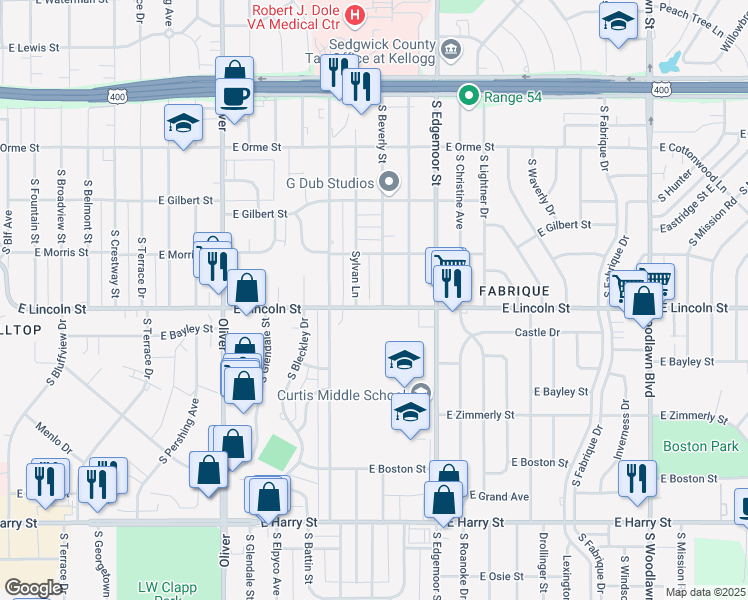 map of restaurants, bars, coffee shops, grocery stores, and more near 842 South Beverly Street in Wichita