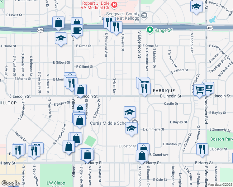 map of restaurants, bars, coffee shops, grocery stores, and more near 859 Sylvan Lane in Wichita