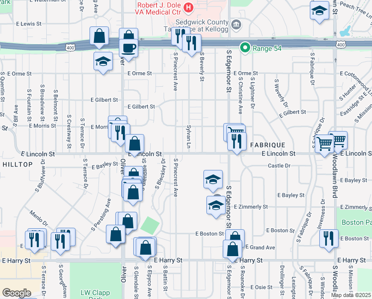 map of restaurants, bars, coffee shops, grocery stores, and more near 859 Sylvan Lane in Wichita