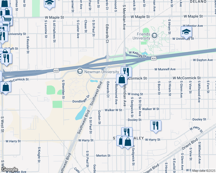 map of restaurants, bars, coffee shops, grocery stores, and more near 1003 South Edwards Street in Wichita