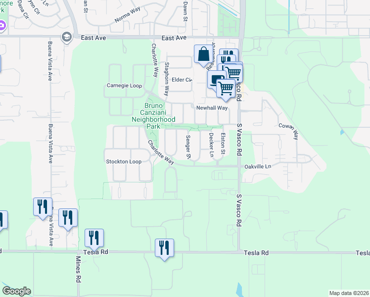 map of restaurants, bars, coffee shops, grocery stores, and more near 2369 Senger St in Livermore