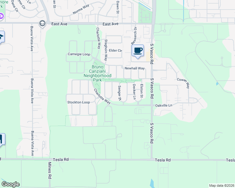 map of restaurants, bars, coffee shops, grocery stores, and more near 2369 Senger Street in Livermore