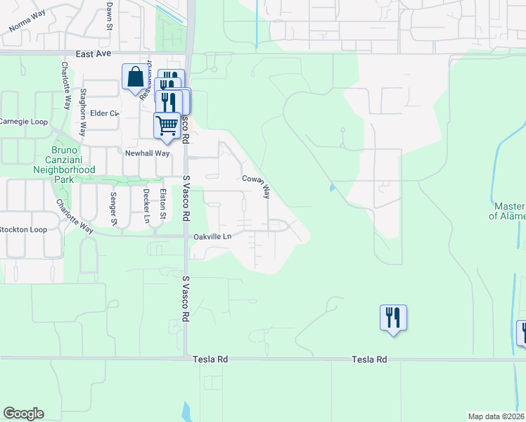map of restaurants, bars, coffee shops, grocery stores, and more near 2643 Cowan Way in Livermore
