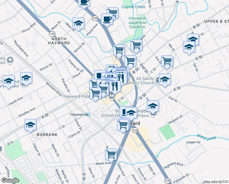 map of restaurants, bars, coffee shops, grocery stores, and more near 938a B Street in Hayward