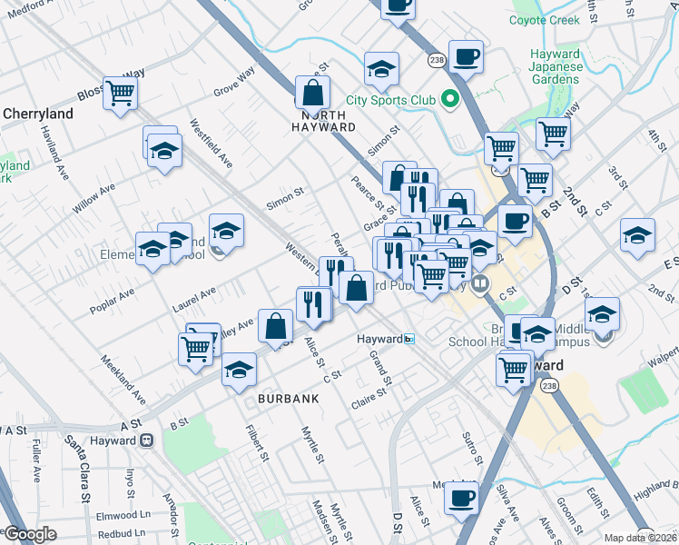 map of restaurants, bars, coffee shops, grocery stores, and more near 22354 Western Boulevard in Hayward