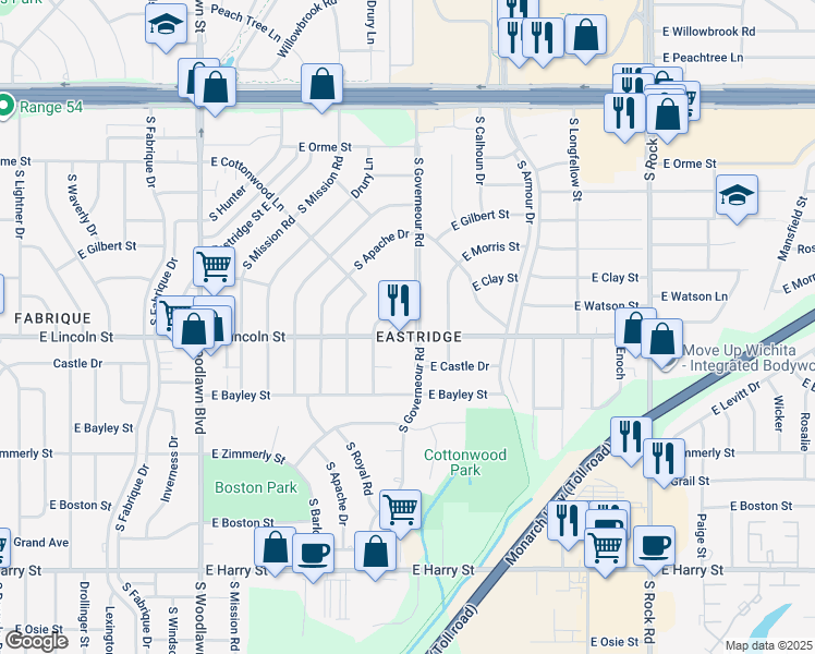map of restaurants, bars, coffee shops, grocery stores, and more near 7090 East Lincoln Street in Wichita
