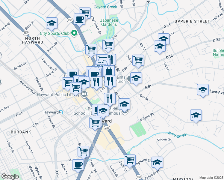 map of restaurants, bars, coffee shops, grocery stores, and more near 22741 1st Street in Hayward