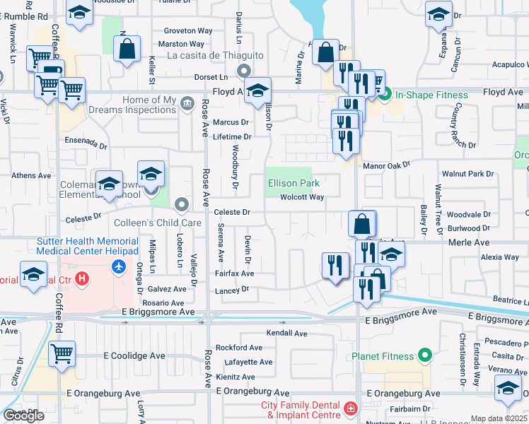map of restaurants, bars, coffee shops, grocery stores, and more near Celeste Drive & Ellison Drive in Modesto