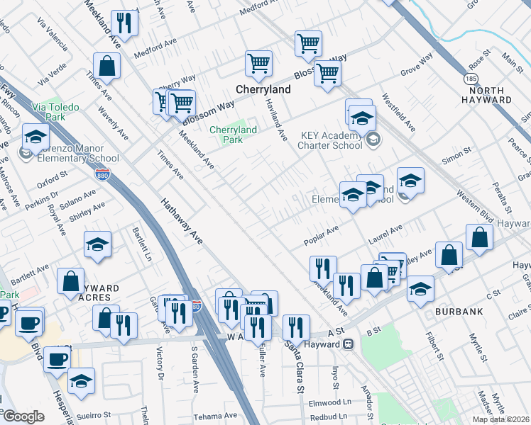 map of restaurants, bars, coffee shops, grocery stores, and more near 21806 Meekland Avenue in Hayward