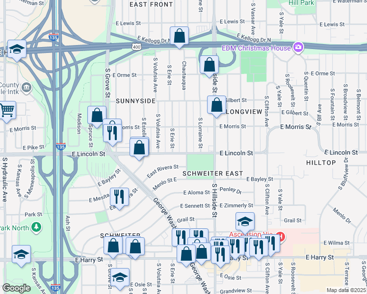 map of restaurants, bars, coffee shops, grocery stores, and more near 836 South Erie Street in Wichita