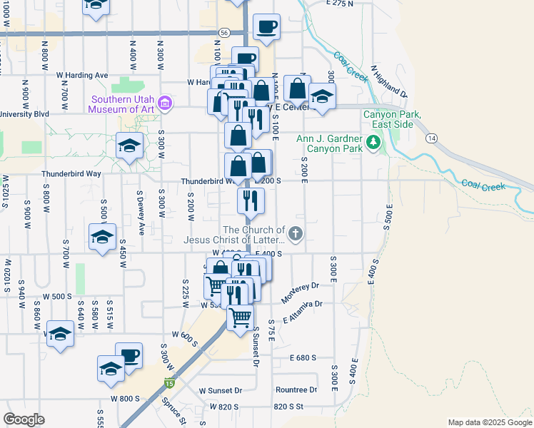 map of restaurants, bars, coffee shops, grocery stores, and more near 281 South Main Street in Cedar City