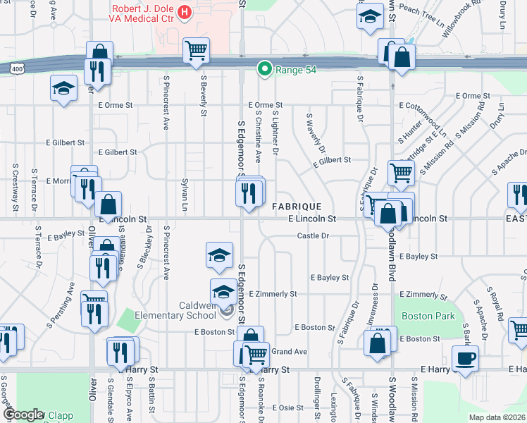 map of restaurants, bars, coffee shops, grocery stores, and more near 845 South Christine Avenue in Wichita