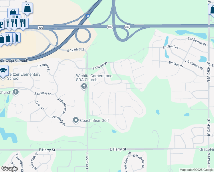 map of restaurants, bars, coffee shops, grocery stores, and more near 13007 East Laguna Street in Wichita