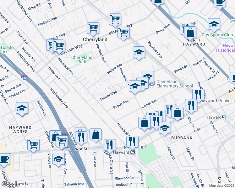 map of restaurants, bars, coffee shops, grocery stores, and more near 215 Sunset Boulevard in Hayward