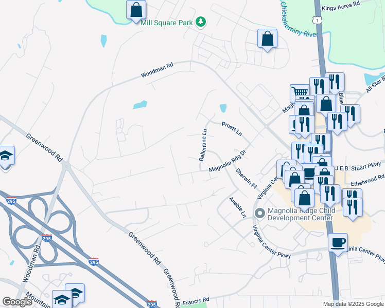 map of restaurants, bars, coffee shops, grocery stores, and more near 11904 Boulware Court in Glen Allen