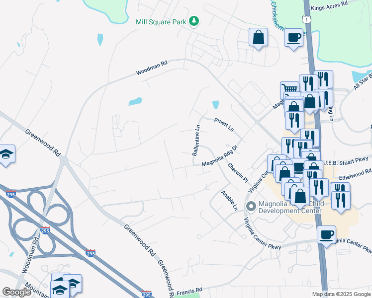 map of restaurants, bars, coffee shops, grocery stores, and more near 11904 Boulware Ct in Glen Allen