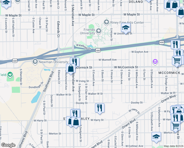 map of restaurants, bars, coffee shops, grocery stores, and more near 1027 South Everett Street in Wichita