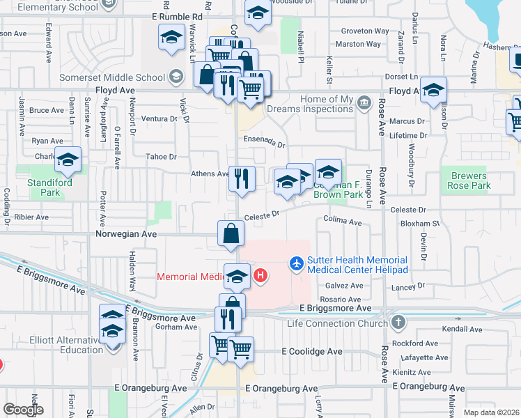 map of restaurants, bars, coffee shops, grocery stores, and more near in Modesto