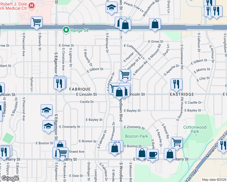 map of restaurants, bars, coffee shops, grocery stores, and more near 879 South Hillcrest Street in Wichita