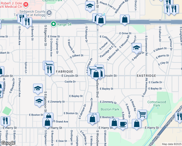 map of restaurants, bars, coffee shops, grocery stores, and more near 879 South Hillcrest Street in Wichita