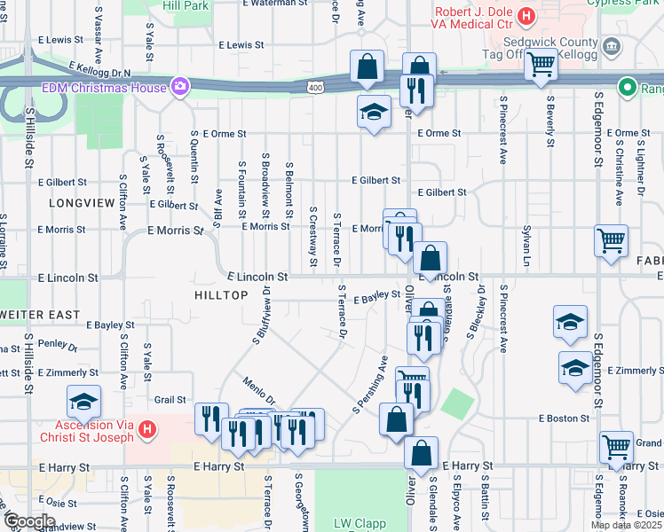 map of restaurants, bars, coffee shops, grocery stores, and more near 843 South Terrace Drive in Wichita