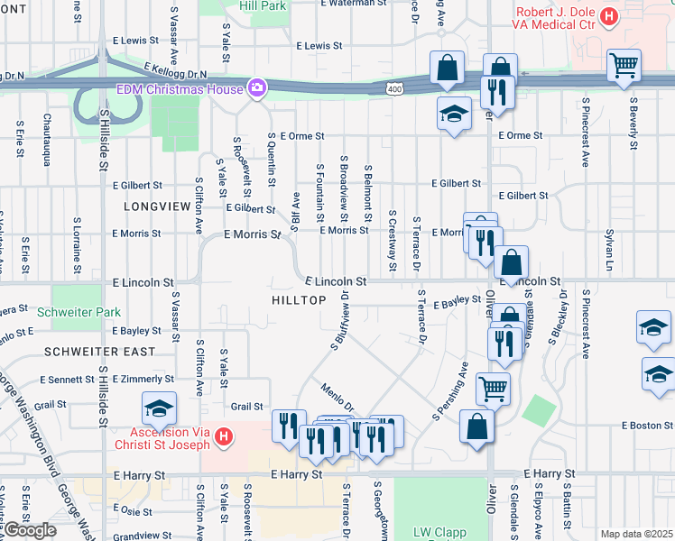 map of restaurants, bars, coffee shops, grocery stores, and more near 840 South Broadview Street in Wichita