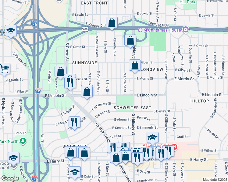 map of restaurants, bars, coffee shops, grocery stores, and more near 836 South Erie Street in Wichita