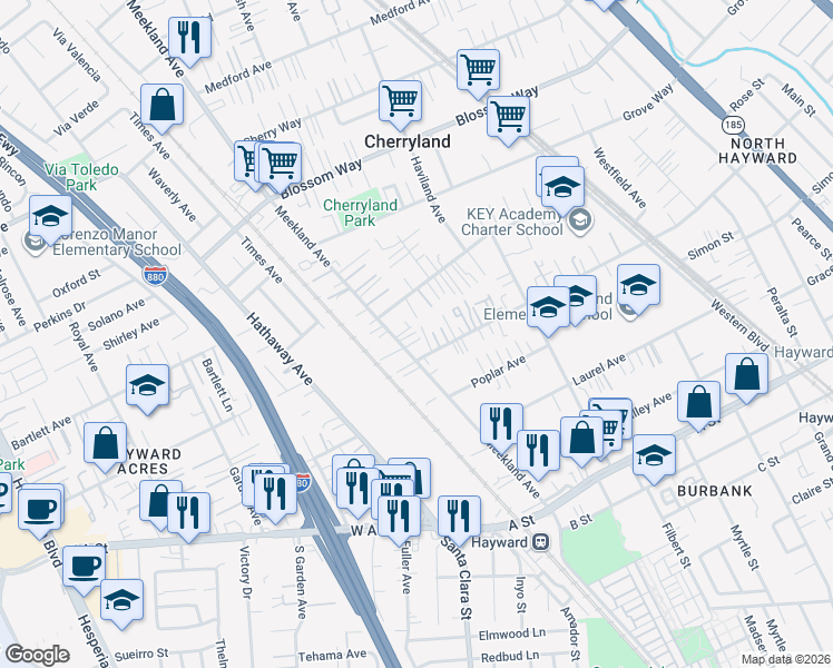 map of restaurants, bars, coffee shops, grocery stores, and more near 21806 Meekland Avenue in Hayward