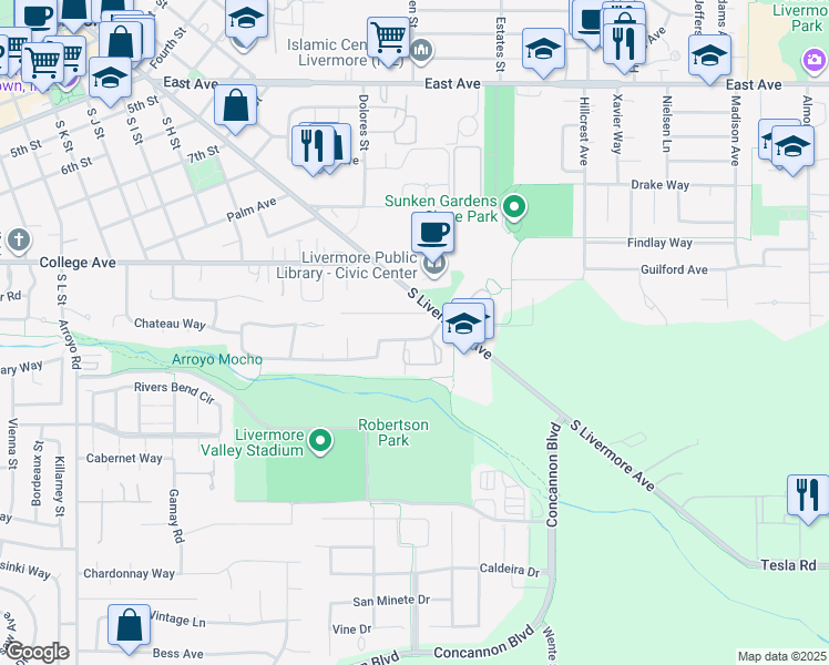map of restaurants, bars, coffee shops, grocery stores, and more near 3146 Chateau Way in Livermore