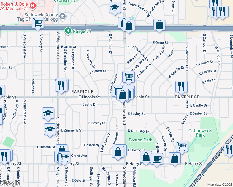 map of restaurants, bars, coffee shops, grocery stores, and more near 879 South Hillcrest Street in Wichita