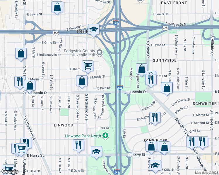 map of restaurants, bars, coffee shops, grocery stores, and more near in Wichita