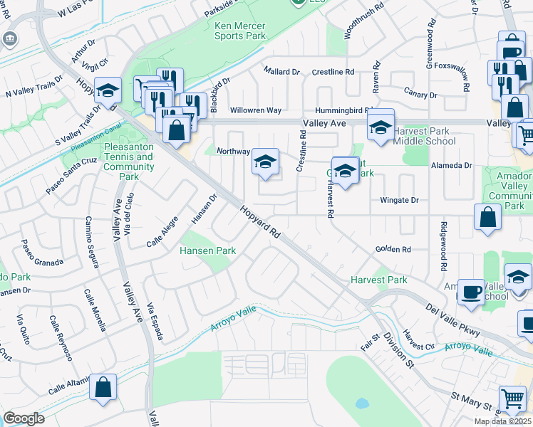 map of restaurants, bars, coffee shops, grocery stores, and more near 5435 Black Avenue in Pleasanton