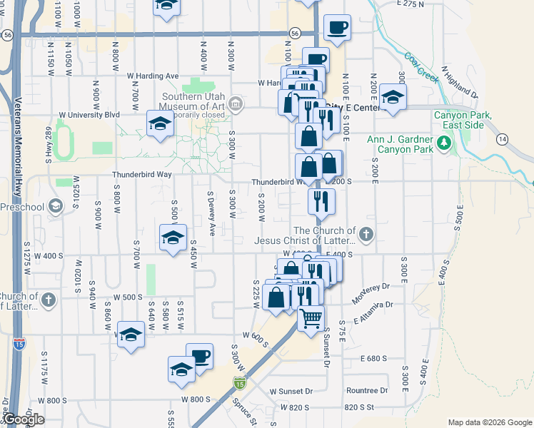 map of restaurants, bars, coffee shops, grocery stores, and more near 281 South 200 West in Cedar City