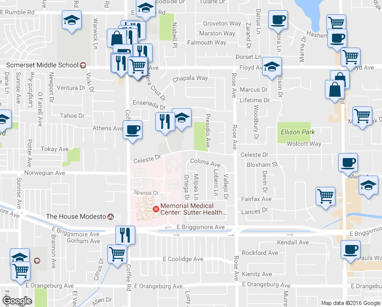 map of restaurants, bars, coffee shops, grocery stores, and more near 1512 Celeste Drive in Modesto