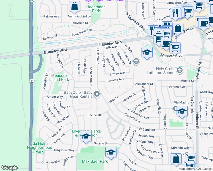 map of restaurants, bars, coffee shops, grocery stores, and more near 577 Wayland Loop in Livermore